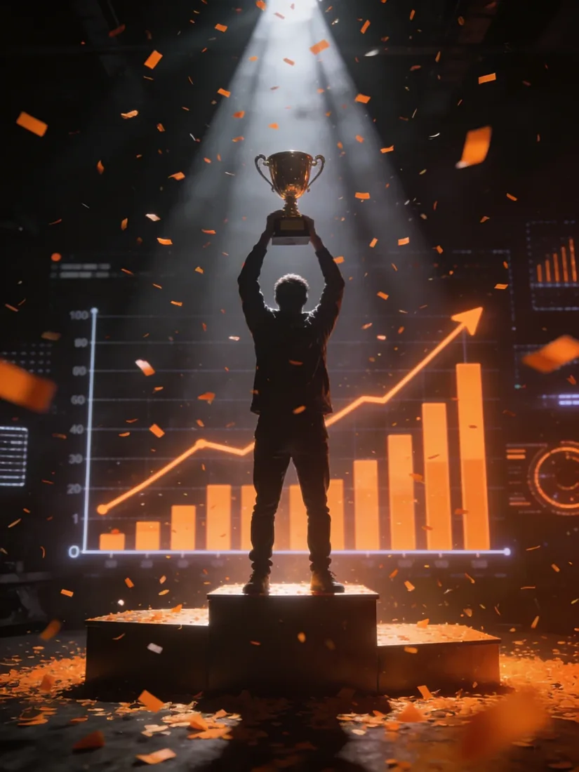 Persona levantando un trofeo sobre un podio